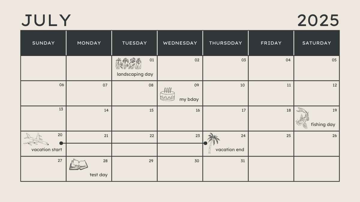 Plantillas Minimalistas para Calendario Diario de Julio - diapositiva 3